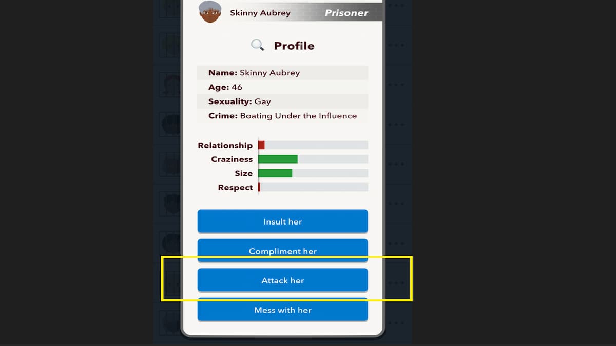 Une image d'un joueur choisissant une option dans la prison BitLife