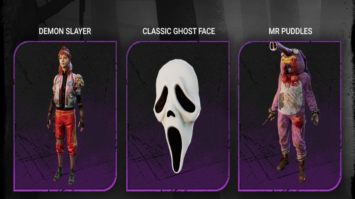 Le masque classique Ghost Face (tête), le cosmétique Mr Puddles du clown (tenue), le cosmétique Demon Slayer de Feng Min (tenue) dans Dead by Daylight.