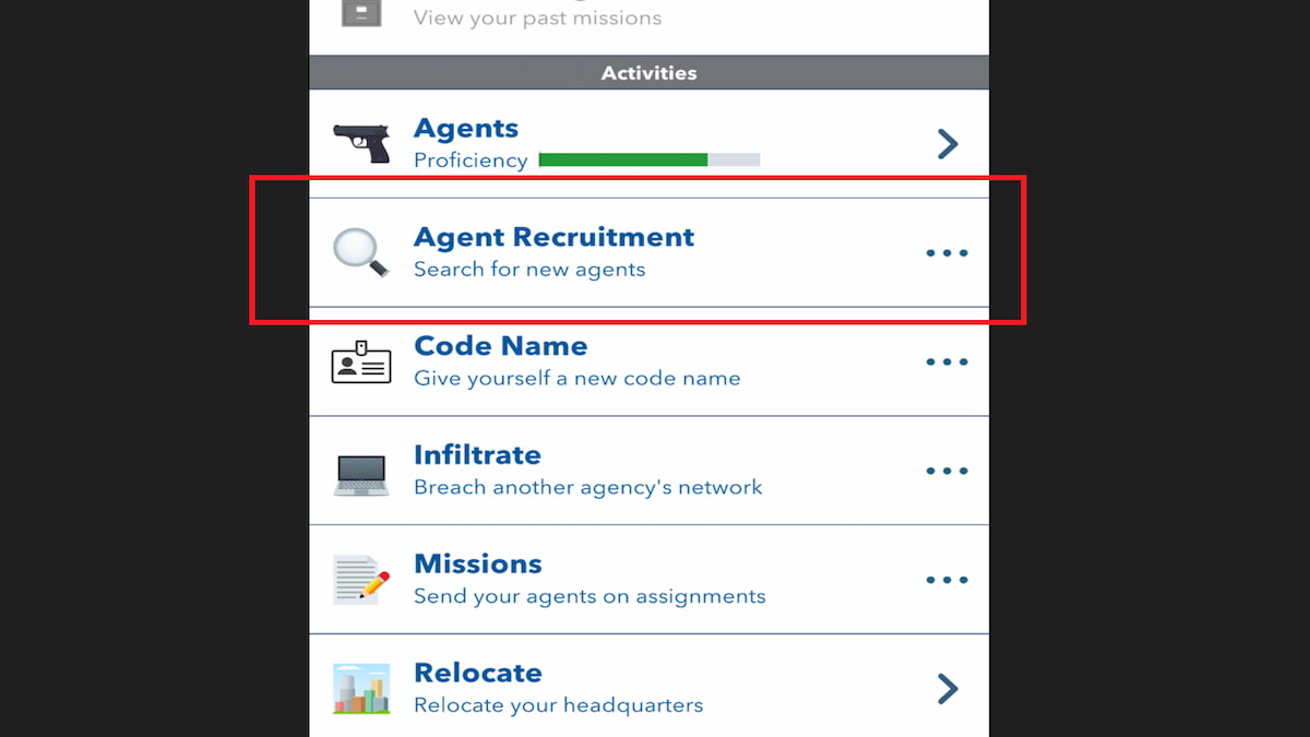 L'option de recrutement d'agents dans BitLife