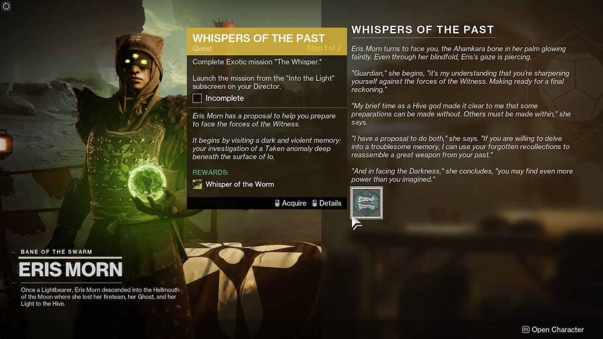 Une image d'Eris Morn lors de l'acquisition de la quête Whispers of the Past dans Destiny 2.