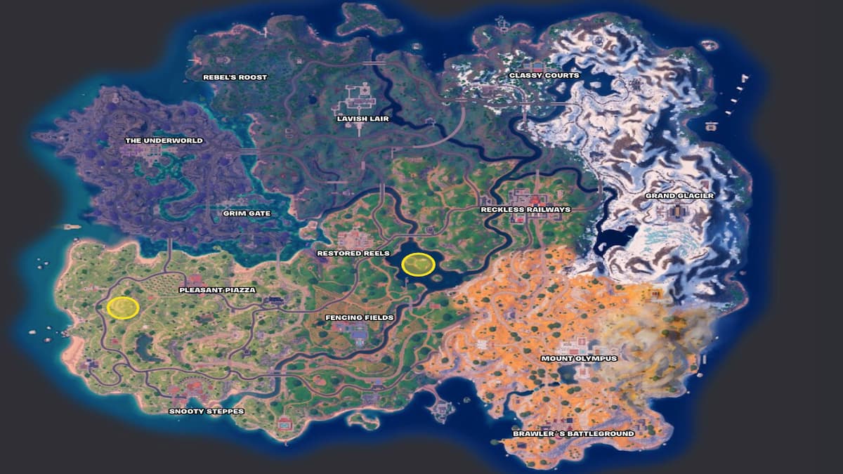 Carte de la saison 2 du chapitre 5 de Fortnite avec les emplacements des sanctuaires terrestres encerclés