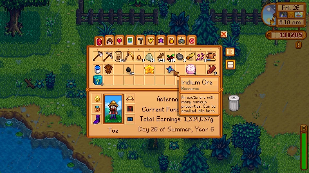 Minerai d'iridium dans le sac à dos Stardew Valley