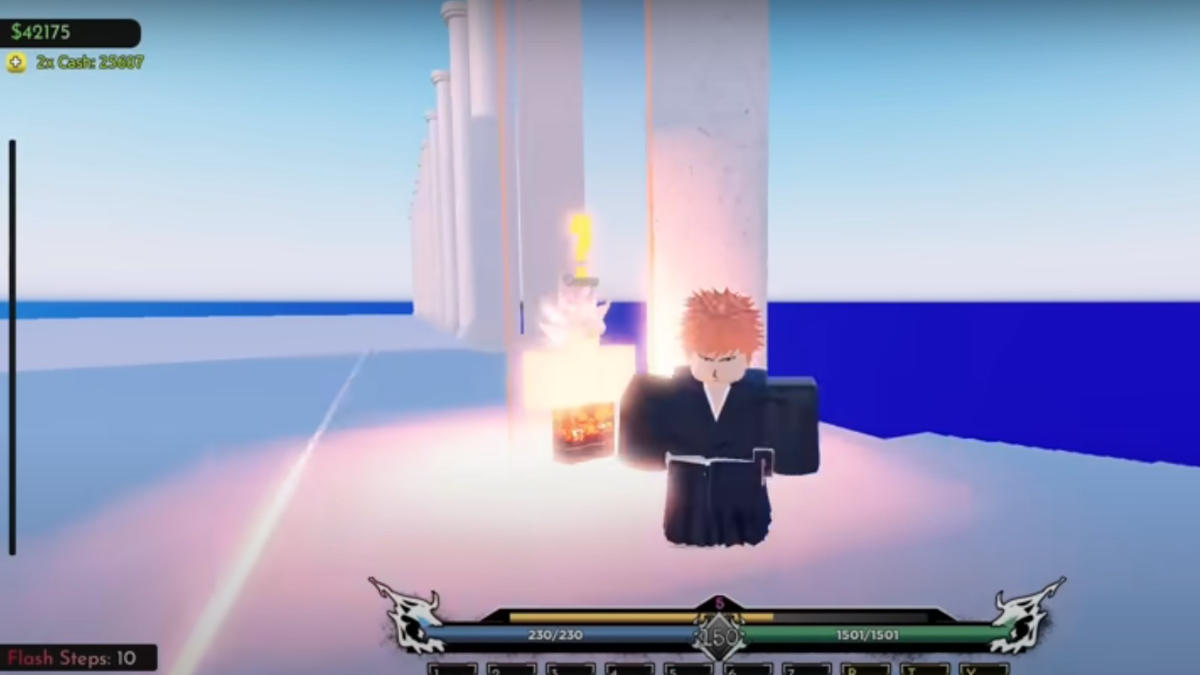 Un fond blanc avec de l'eau, avec un personnage de Roblox Reaper 2, regardait l'écran.