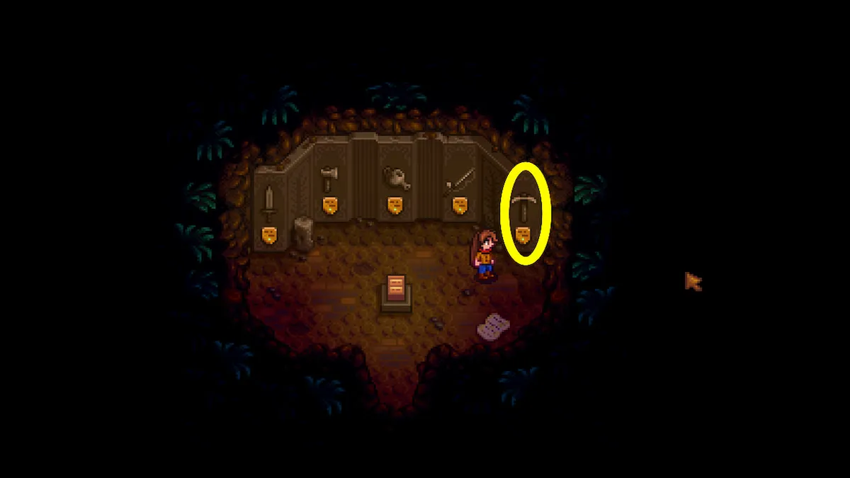 Salle de maîtrise de Stardew Valley avec des sanctuaires de récompense de maîtrise, un sanctuaire minier de pioche encerclé sur le côté droit