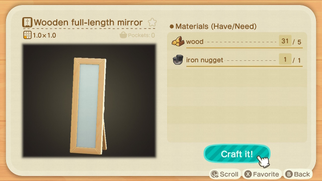 Un miroir pleine longueur en bois dans le menu de construction d'Animal Crossing: New Horizon. 