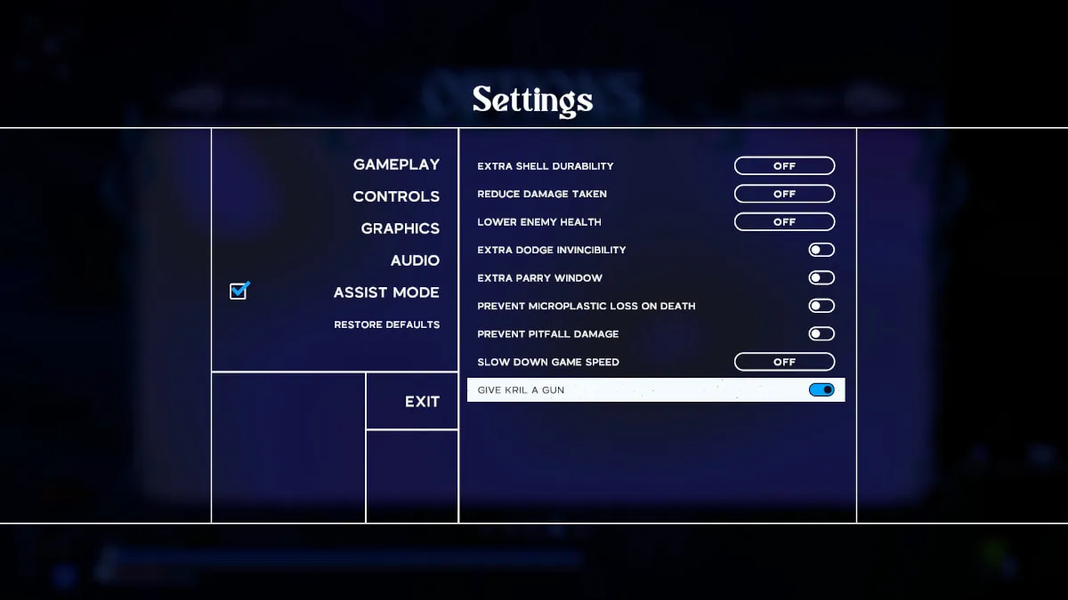 Une capture d'écran du menu des paramètres et du sous-menu du mode d'assistance dans Another Crab's Treasure.