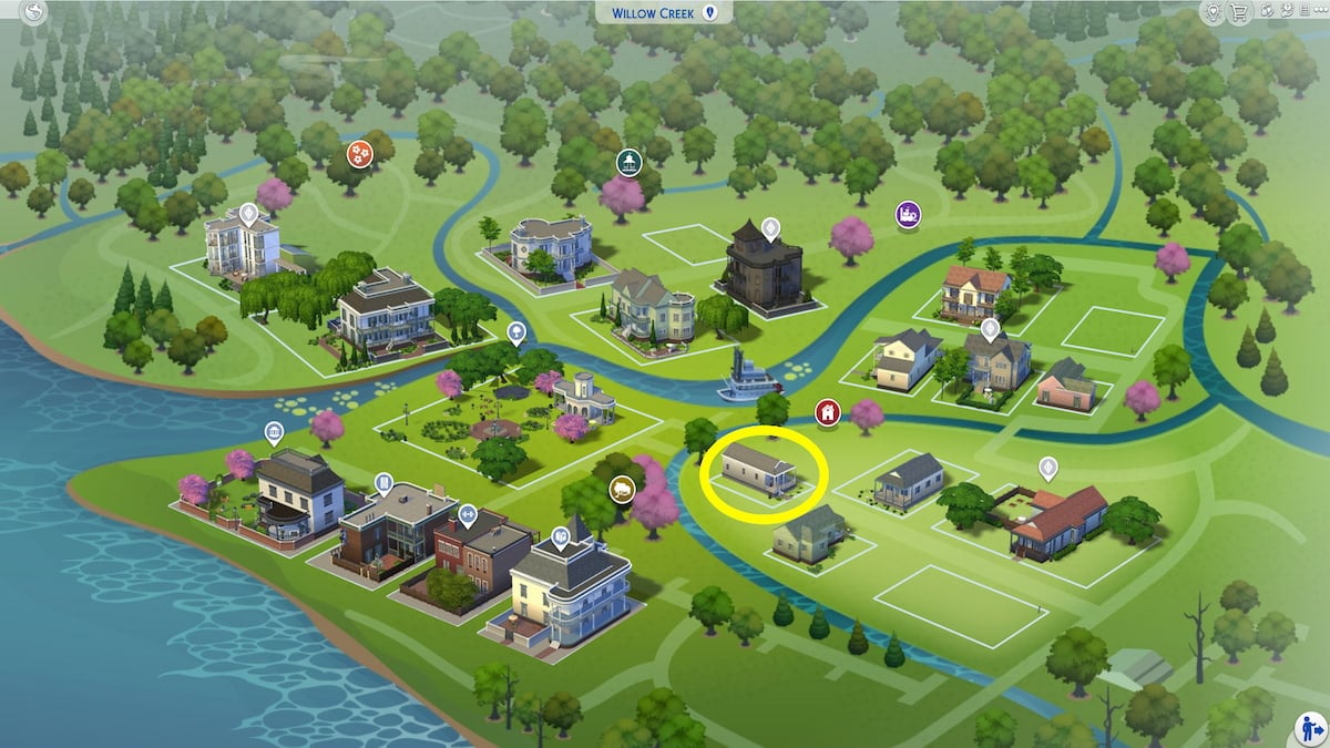 Les Sims 4 gèrent le menu du monde, la carte de Willow Creek avec un lot de cabanes de cricket entourées de jaune