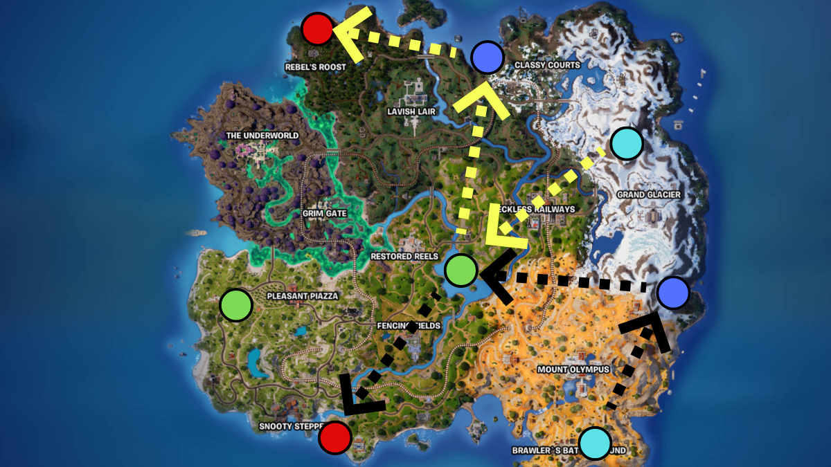 Carte du chapitre 5 de Fortnite montrant les meilleures façons de visiter tous les sanctuaires élémentaires d'Avatar