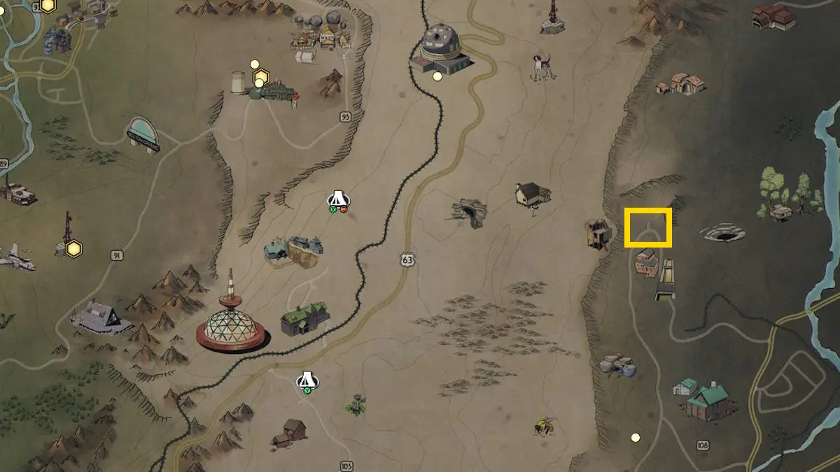 L'emplacement sur la carte du monstre mythique de Flatwoods dans Fallout 76