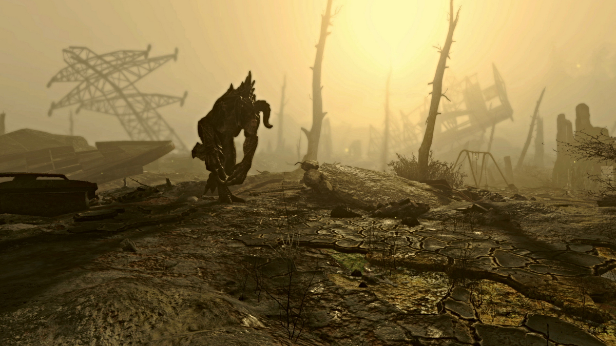 Fallout 4, un Deathclaw traversant la zone Smoking Sea de la carte