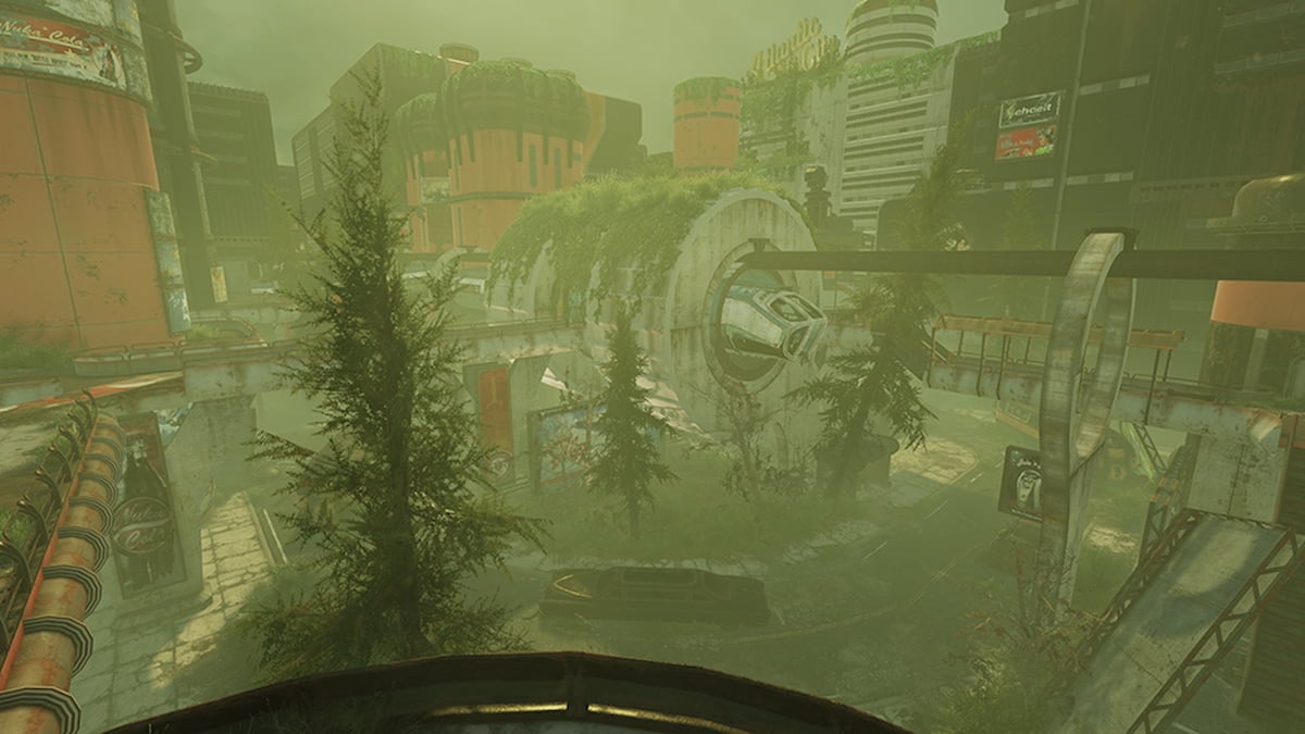 Ville Fallout 76 avec des arbres qui poussent et des bâtiments abandonnés