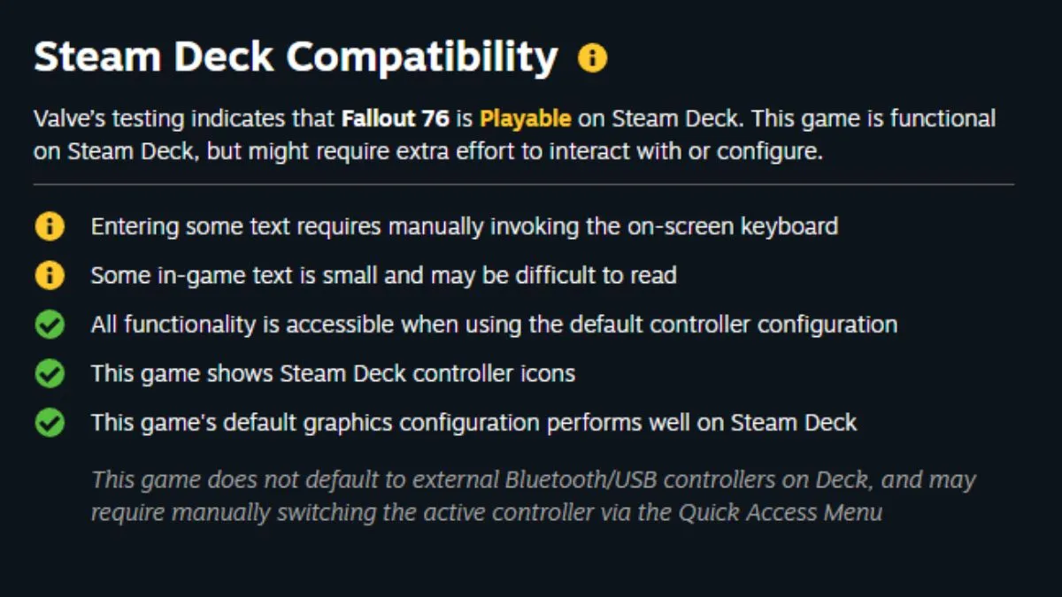 Notes officielles de compatibilité Steam Deck de Fallout 76 par Valve