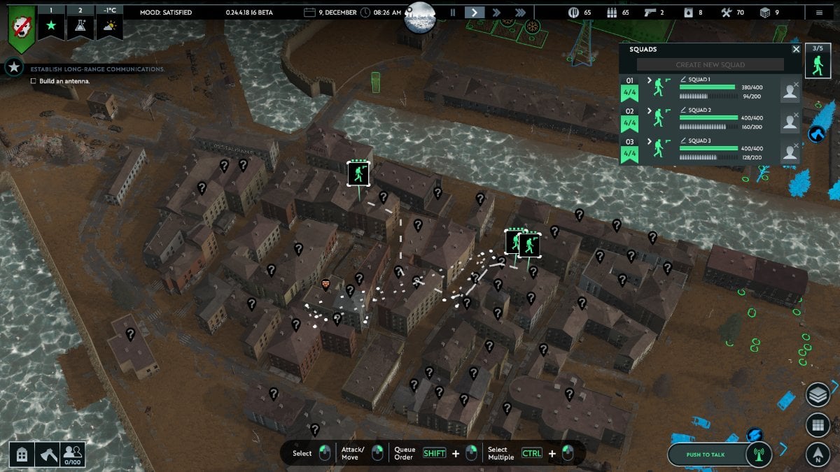 Trois escouades dans la zone sans infection agissant sur plusieurs commandements à l'intérieur d'une petite ville.