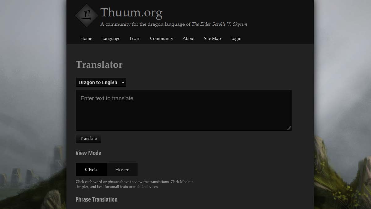 Traducteur draconique en ligne Thuum pour la page principale de Skyrim