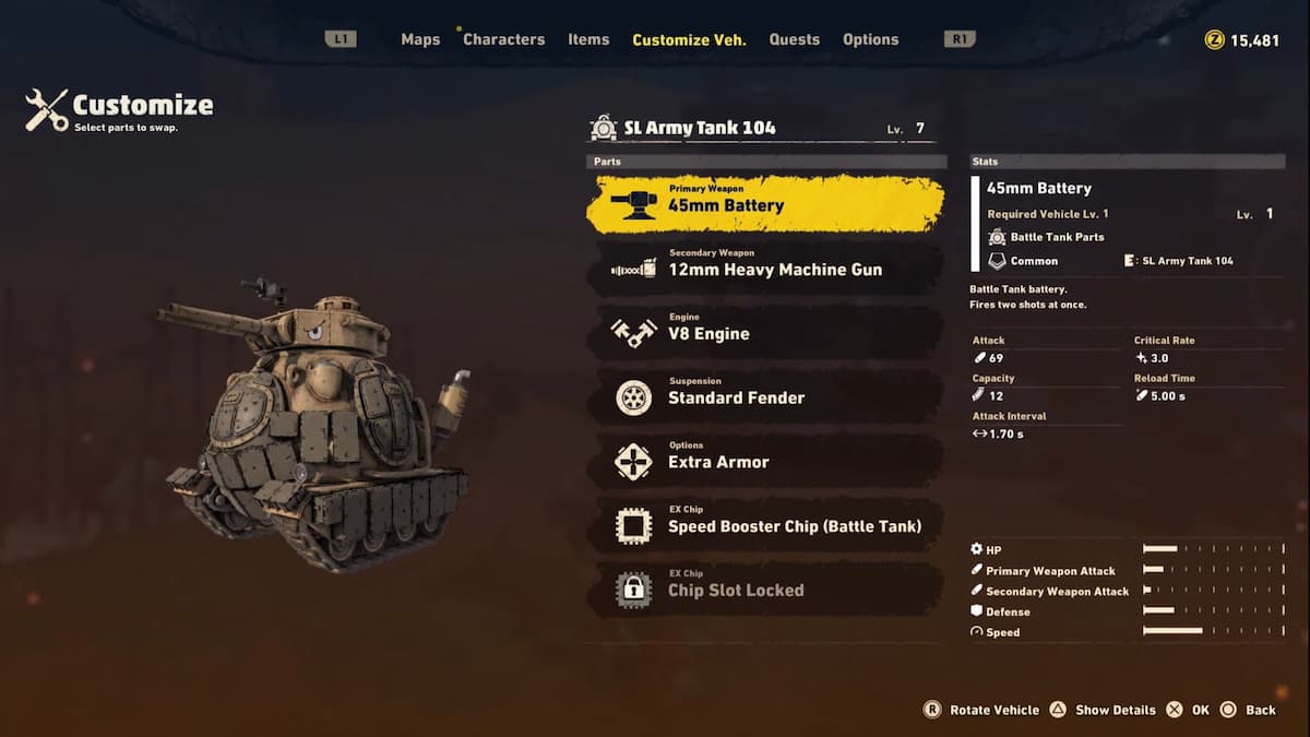 Menu de personnalisation des chars de combat dans Sand Land