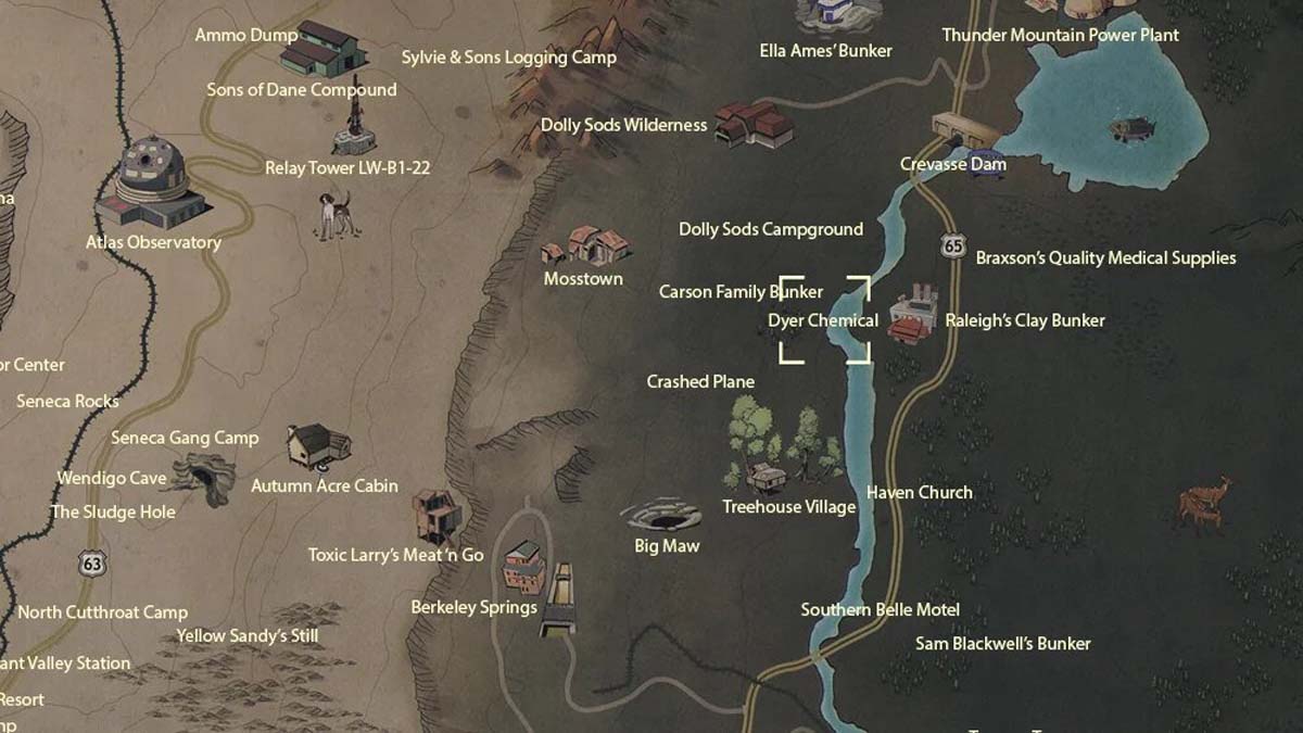 Emplacement de la carte Dyer Chemical dans Fallout 76