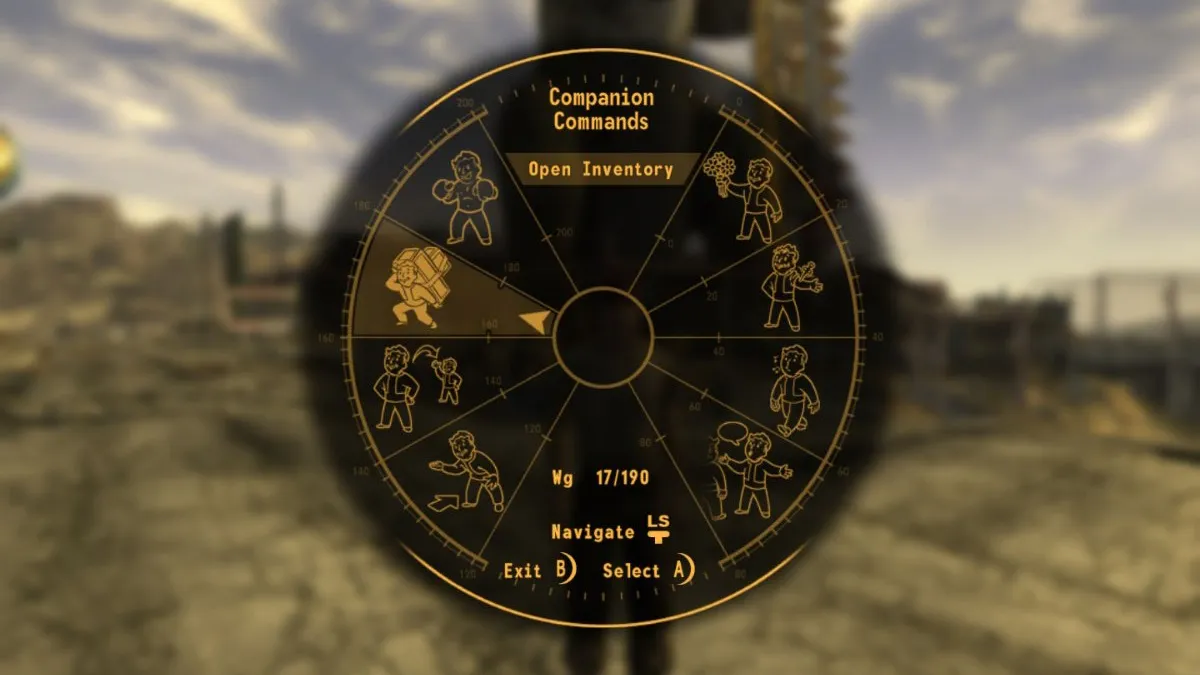 La roue de commandes des compagnons de Fallout : New Vegas, proposant de nombreuses commandes différentes à donner aux compagnons.