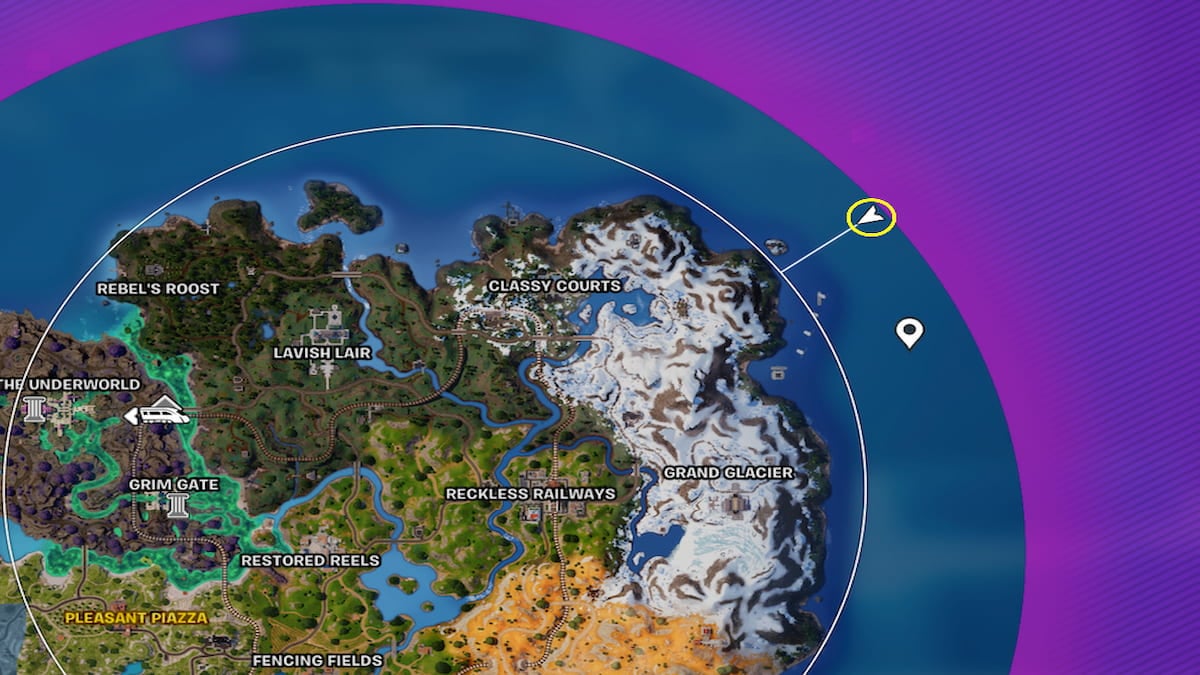 Vue de la carte dans le jeu de l'emplacement du joueur en haut au nord-est de la carte, au bord de la tempête.