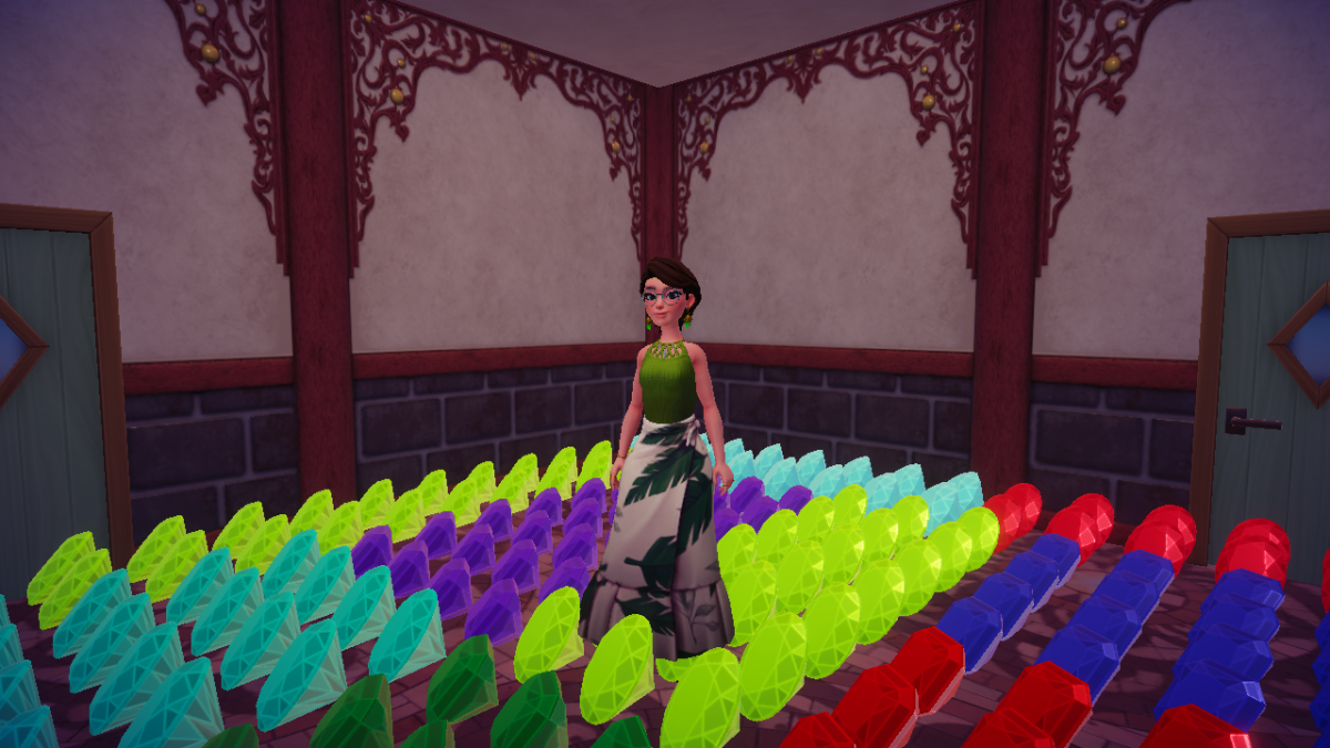 L'avatar féminin de Disney Dreamlight Valley, vêtu d'un haut vert et d'une jupe longue avec un motif de feuilles, se tient au milieu d'une collection de pierres précieuses dans une pièce à l'intérieur d'une maison de cadeaux Disney Dreamlight Valley.  