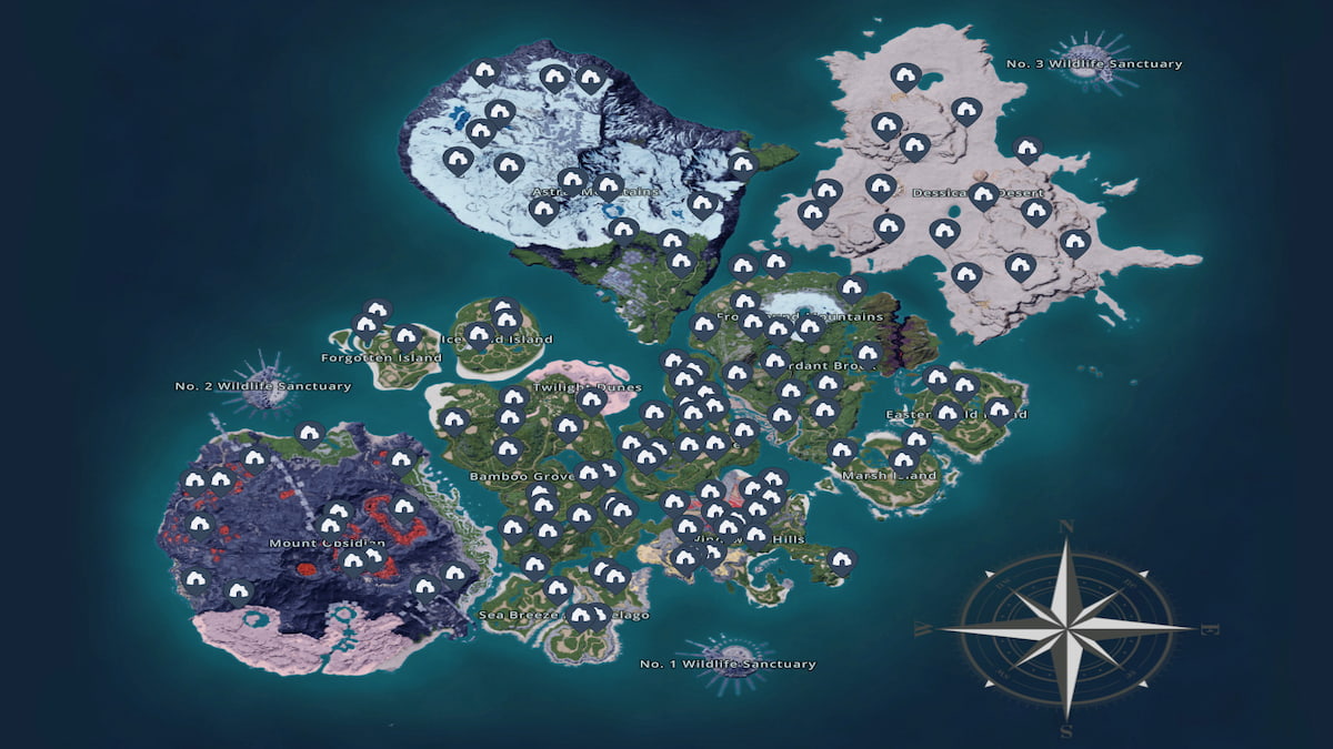 Carte de l'île Palworld avec des icônes de donjons dispersés dans chaque biome