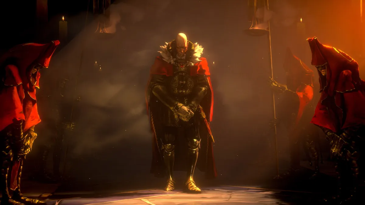 un homme vêtu de vêtements rouges et d'une armure dorée se tient solennellement