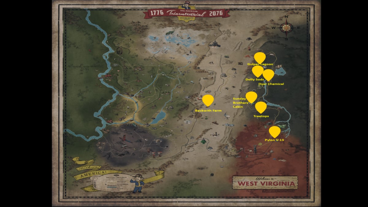 Une carte montrant tous les emplacements de Gulper dans Fallout 76.