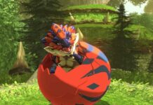 A baby Rathalos hatching from its egg