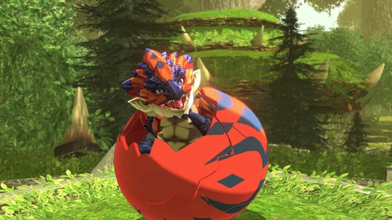 A baby Rathalos hatching from its egg