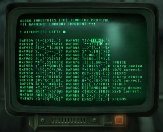 Hacking a terminal in Fallout: New Vegas.