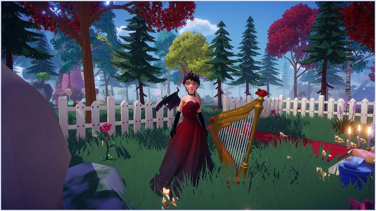 Capture d'écran du gameplay de Disney Dreamlight Valley montrant un avatar présentant une femme avec des cheveux courts et bruns, debout à l'extérieur à côté d'une harpe, avec une clôture blanche en arrière-plan.  L'avatar porte une robe rouge sans manches personnalisée avec des fioritures noires sur le corsage. 