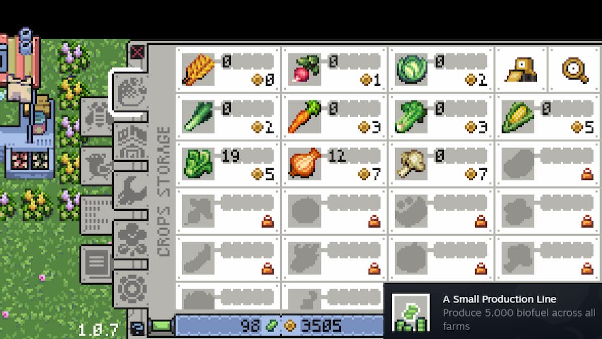 Le menu de stockage des récoltes de Rusty's Retirement est ouvert sur l'écran au-dessus d'un succès Steam pour le jeu qui montre que le joueur a déverrouillé le succès 5000 Biocarburant, « Une petite ligne de production ». 