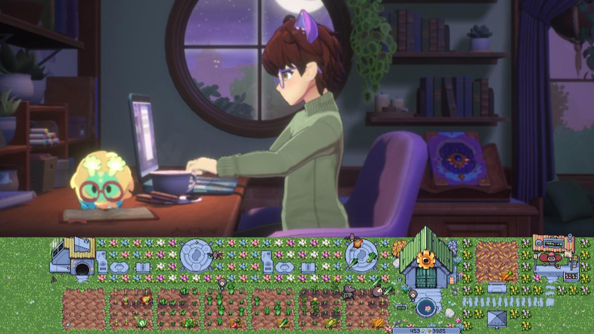 Un avatar brune présentant une femme de Spirit City : Lofi Sessions tape sur son ordinateur portable tandis que Rusty's Retirement montre la disposition complète d'une ferme en bas de l'écran. 