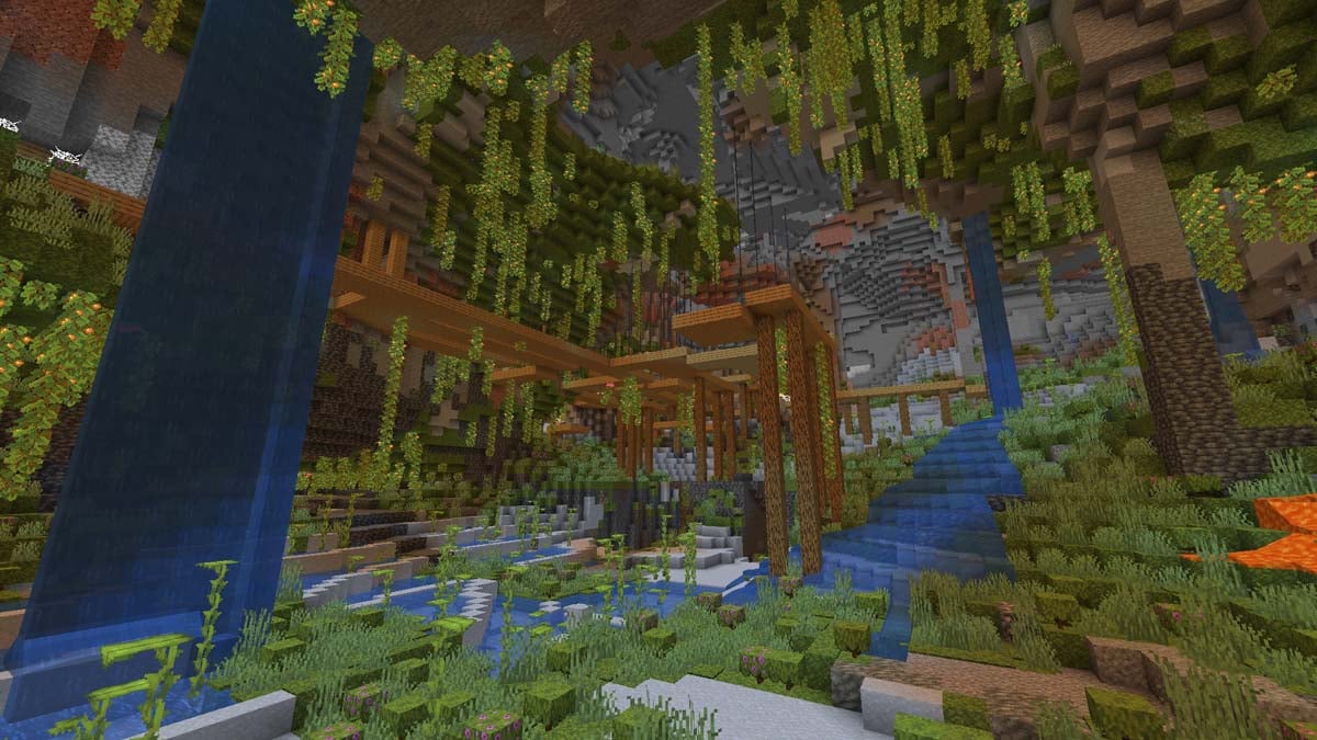 Puits de mine dans une grotte luxuriante dans Minecraft