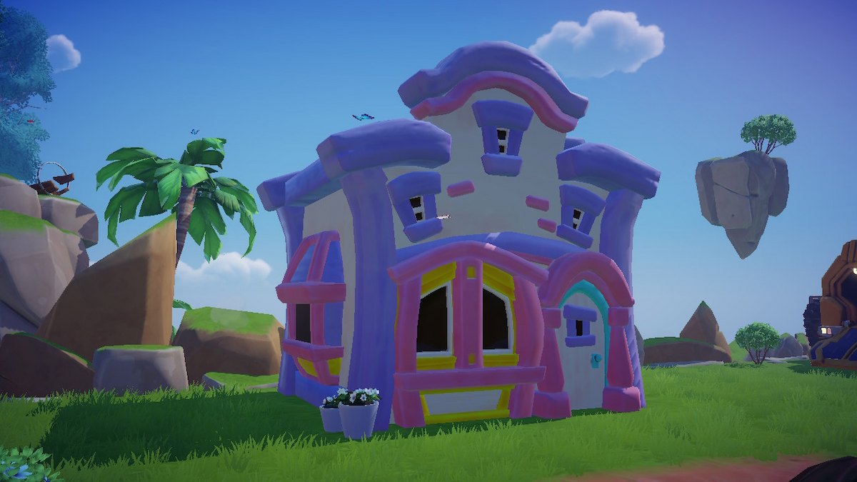 La maison de Daisy à Disney Dreamlight Valley.  Une grande maison aux accents roses et violets.