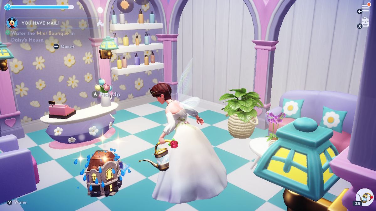 Un avatar féminin de Disney Dreamlight Valley dans une robe blanche arrosant une version minuscule de Daisy's Boutique.