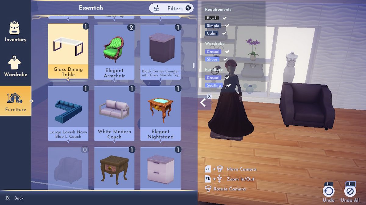 Le menu des meubles de Disney Dreamlight Valley, montrant que le joueur a sélectionné et placé un fauteuil noir à côté d'un mannequin portant une robe noire à manches longues.
