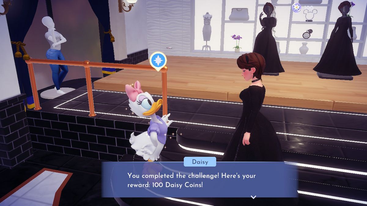 Un avatar féminin de Disney Dreamlight Valley parlant à Daisy Duck après avoir relevé un défi de la boutique.  Daisy leur attribue 100 pièces Daisy.