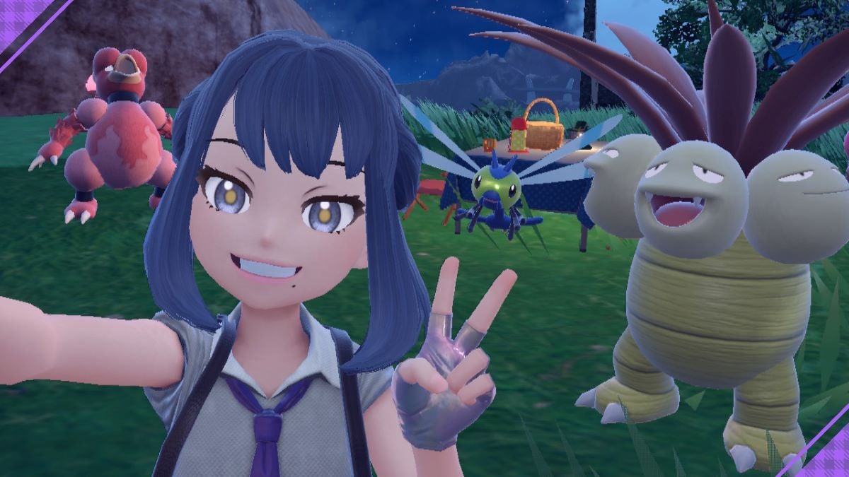 Le joueur pose avec les brillants Magmar, Yanma et Exeggutor dans Pokémon Écarlate et Violet