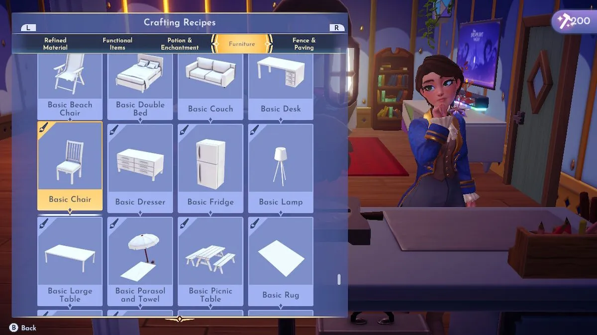 Six des modèles de meubles disponibles que les joueurs de Disney Dreamlight Valley peuvent fabriquer à l'aide d'une table de fabrication.