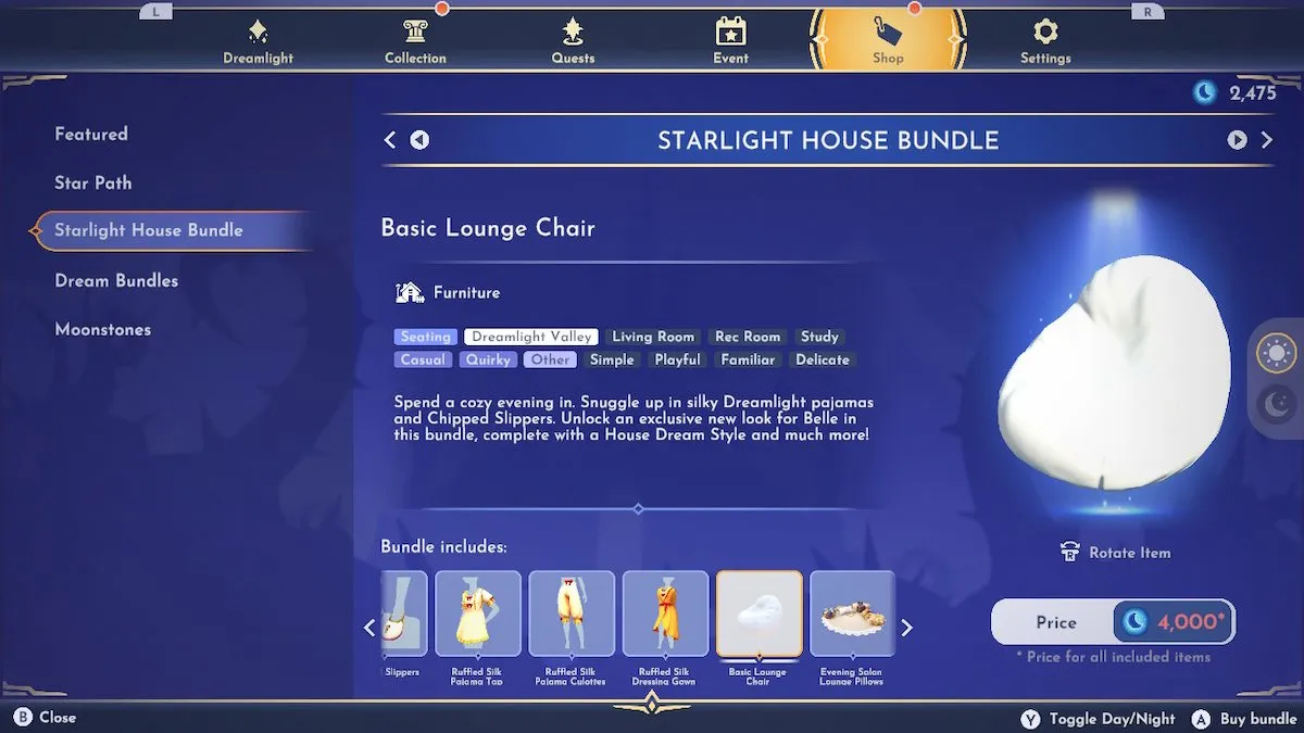 La chaise longue disponible dans Disney Dreamlight Valley lorsqu'un joueur achète le pack Starlight House dans la boutique premium.