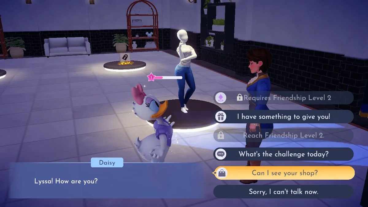 Un avatar féminin de Disney Dreamlight Valley parlant à Daisy Duck à l'intérieur de la boutique de Daisy.