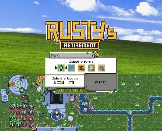 The main menu of Rusty's retirement with pictures of the various possible maps.