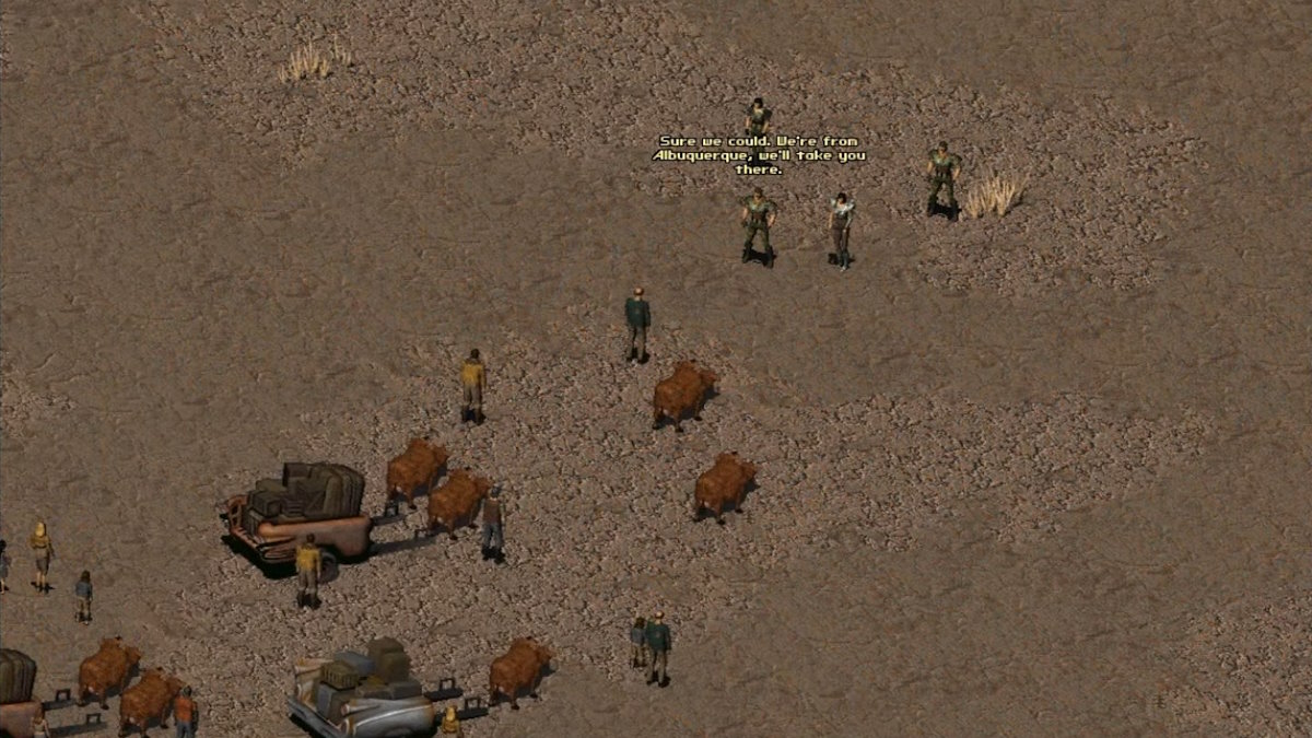 Les protagonistes discutent avec une caravane de marchands dans Fallout 1.5, mod de Fallout 2.