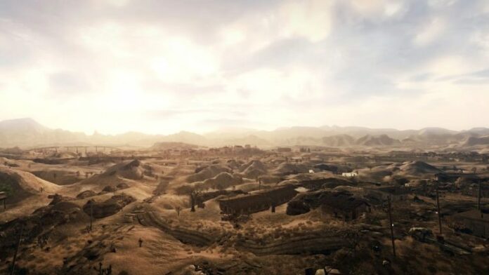 A view from above of the desert in Fallout: New California.