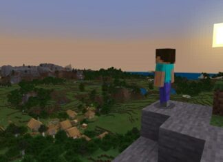 Steve looking over a village at sunset in Minecraft