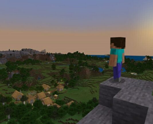 Steve looking over a village at sunset in Minecraft