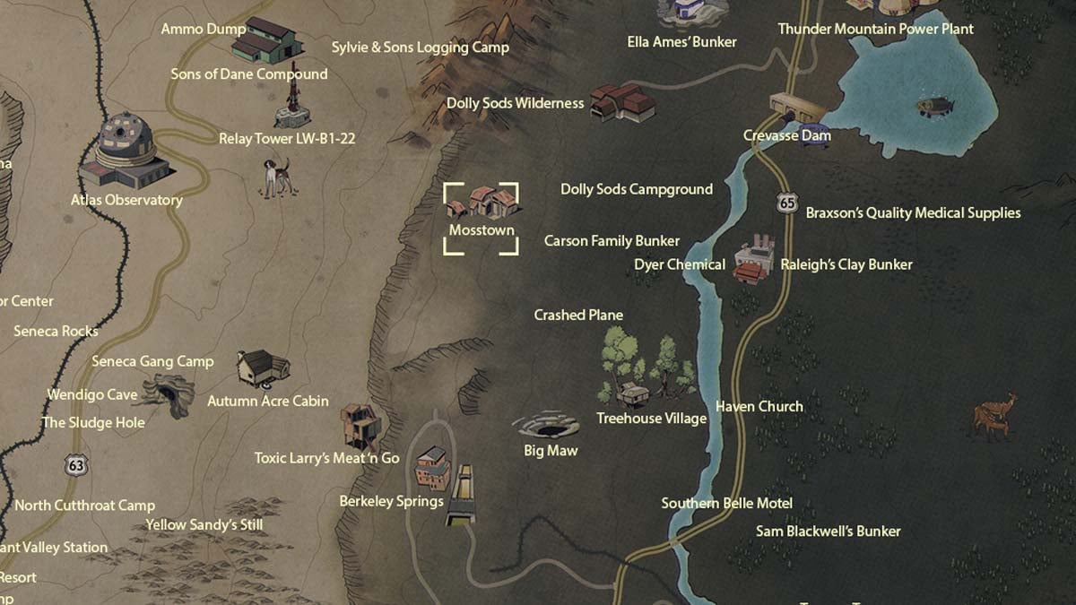 Emplacement de Mosstown dans Fallout 76
