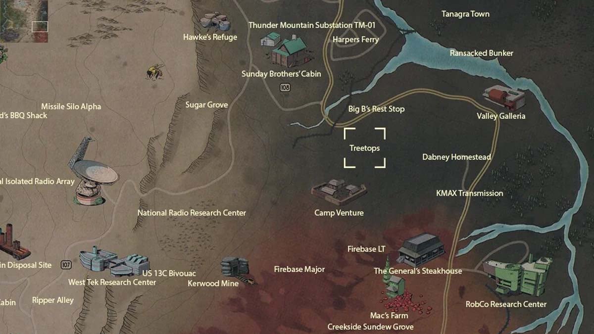 Emplacement de la cime des arbres dans Fallout 76