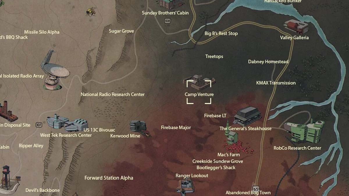 Emplacement du Camp Venture dans Fallout 76