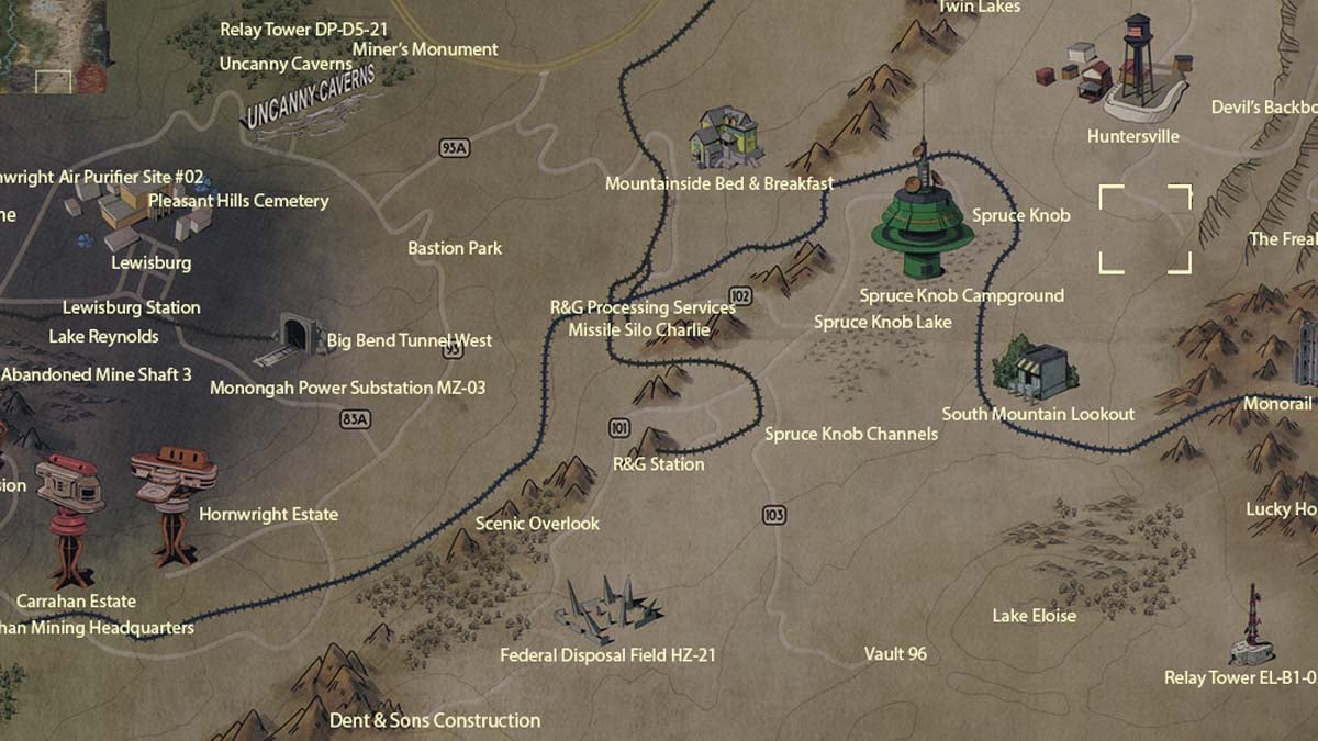Emplacement de la montagne sud dans Fallout 76